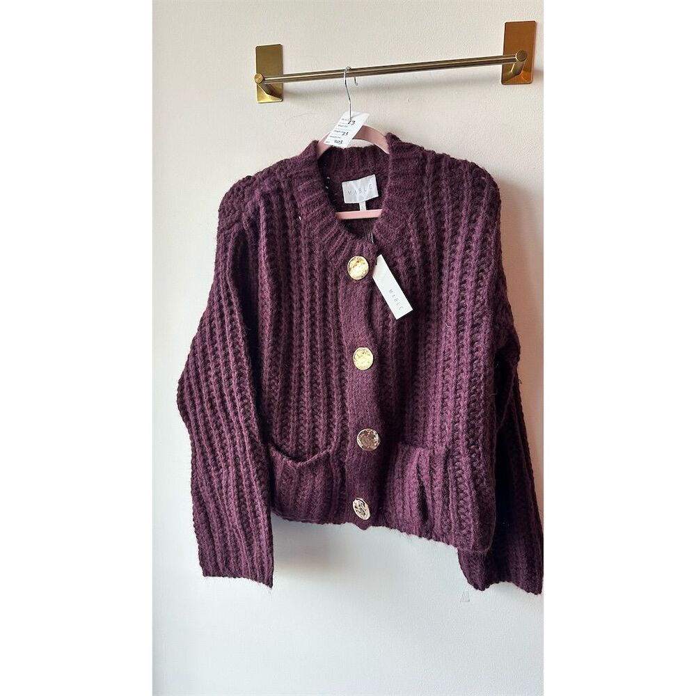 Mable NWT p2p23  Burgundy Chunky Knit Cardigan Gold Buttons Size l - Picture 2 of 5